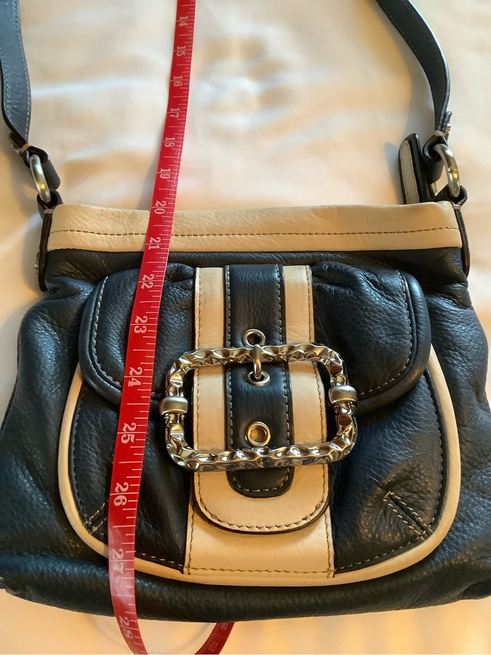 b. makowsky Blue and Cream Leather Shoulder Bag with Decorative Chain Buckle - Picture 8 of 10